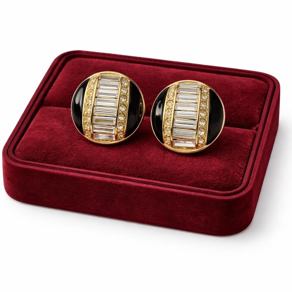 Vintage 1980s Gold Pearl Enamel Crystal Earrings Lot of 3 Stud Dynasty Glam Gift - Picture 3 of 6